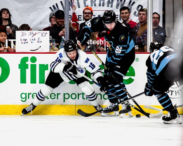 Wenatchee Wild's Maddix McCagherty battles Portland Winterhawks' Marek Alscher and Josh Zakreski