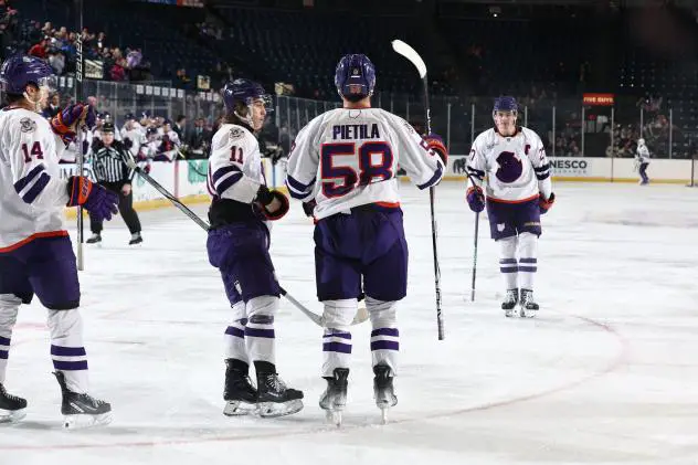 Youngstown Phantoms' Charlie Cerrato, Adam Pietila, Grant Young, and Andrew Strathmann on the ice