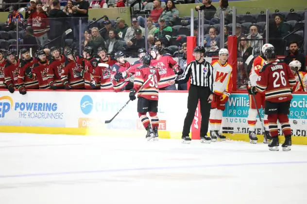 Tucson Roadrunners center Cameron Hebig receives congratulations