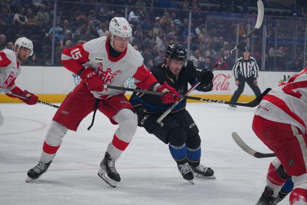Grand Rapids Griffins' Elmer Soderblom iversus cleveland Monsters' James Malatesta