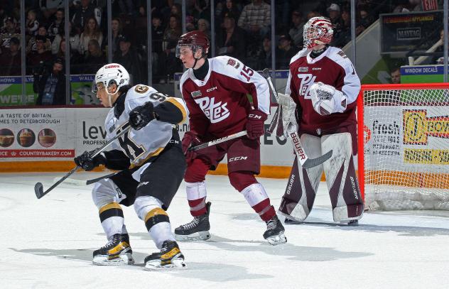 Peterborough Petes goaltender goaltender Liam Sztuska and defenseman Carson Cameron vs. the Kingston Frontenacs