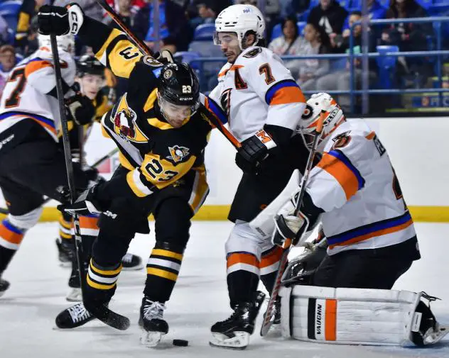 Lehigh Valley Phantoms defenseman Louie Belpedio and goaltender Cal Petersen vs. the Wilkes-Barre/Scranton Penguins