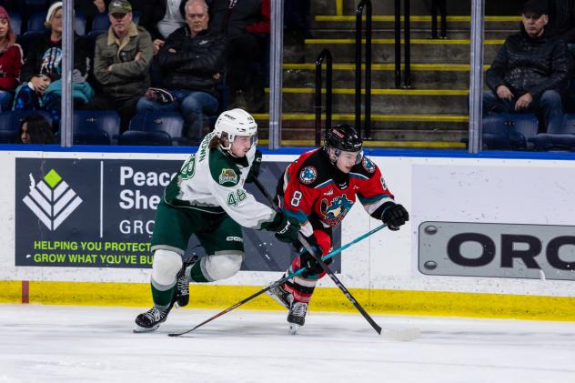 Everett Silvertips' Caden Brown battles Kelowna Rockets' Marek Rocak