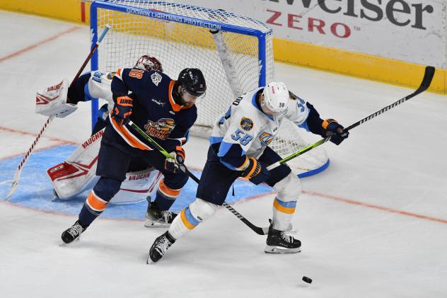 Greenville Swamp Rabbits' Ethan Somoza battles Toledo Walleye's Adrien Beraldo