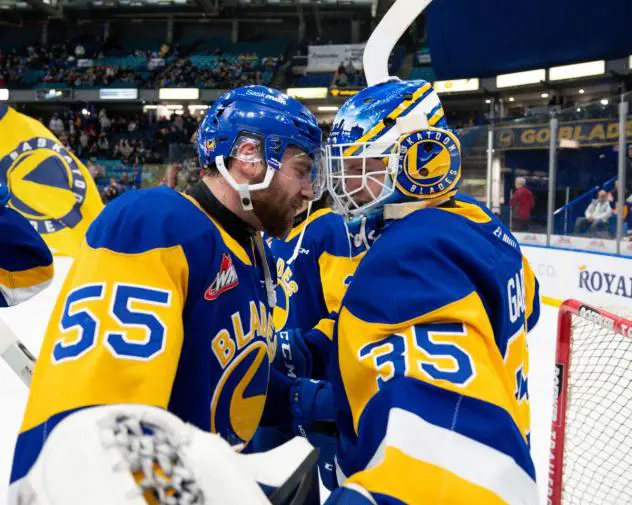 Saskatoon Blades' John Babcock and Evan Gardner on game night
