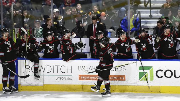 Grant Jozefek receives high fives along the Adirondack Thunder bench