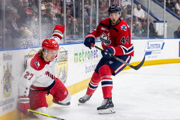 Justin Allen of the Allen Americans (left) and Ayden MacDonald of the Kalamazoo Wings