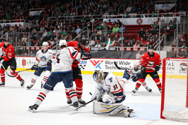 Springfield Thunderbirds goaltender Magnus Hellberg smothers a Charlotte Checkers shot