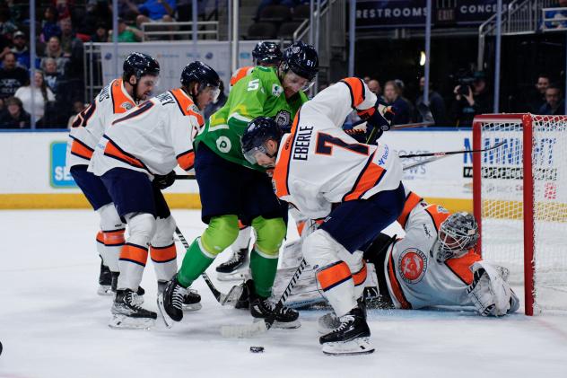 Greenville Swamp Rabbits goaltender Jacob Ingham and his defense vs. the Jacksonville Icemen