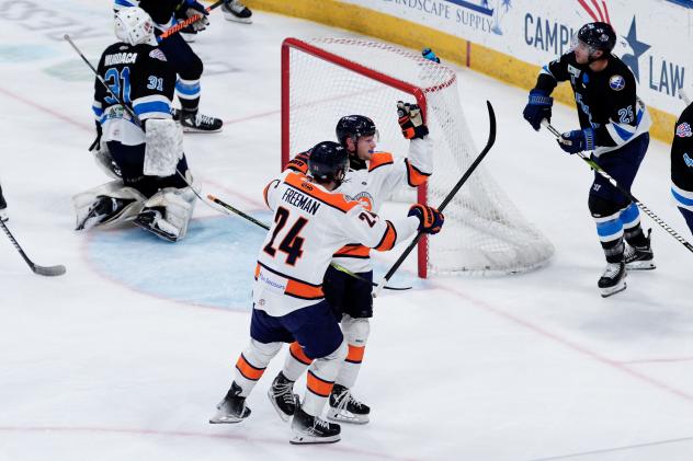 Greenville Swamp Rabbits' Benjamin Freeman celebrates win
