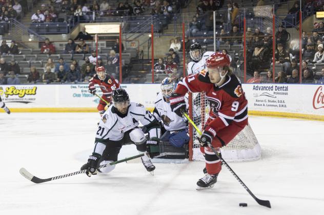 Utah Grizzlies' Tyler Penner and Rapid City Rush's Blake Bennett in action