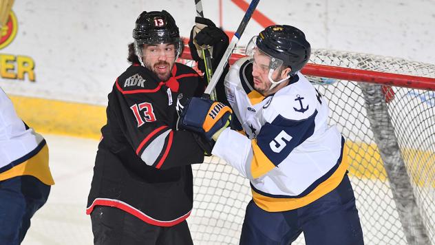 Adirondack Thunder's Cameron Cook battles Norfolk Admirals' Simon Kubicek