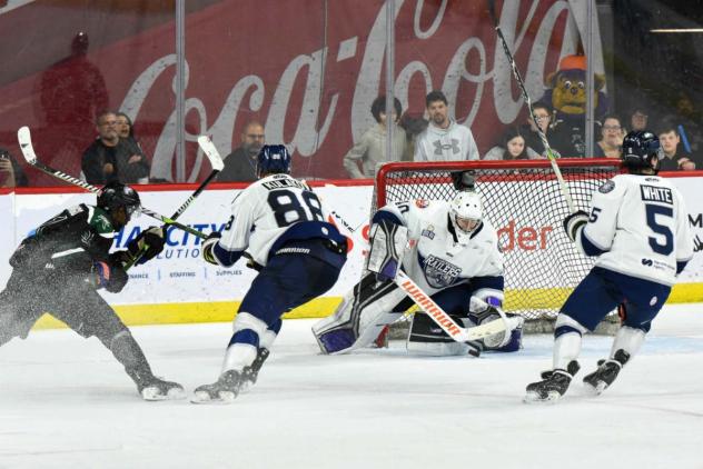 Worcester Railers' Artem Kulakov, Tristan Lennox, and Zachery White in action