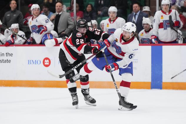 Belleville Senators' Garrett Pilon versus Laval Rocket's Philippe Maillet