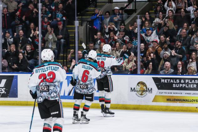 Kelowna Rockets' Ethan Mittelsteadt, Jackson Gillespie, and Ethan Neutens on game night