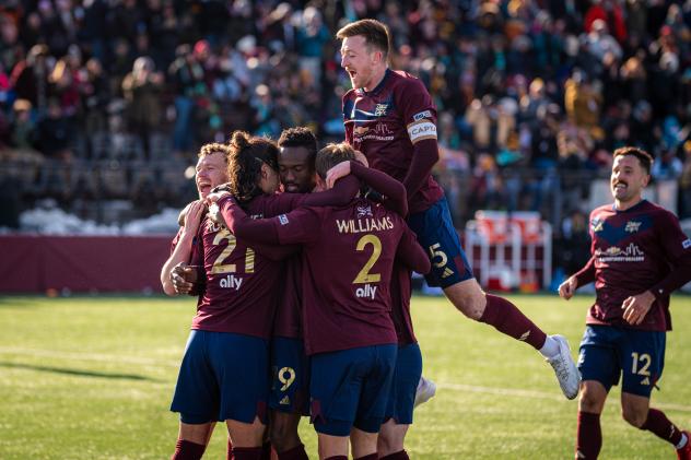 Detroit City FC celebrates a goal against Loudoun United