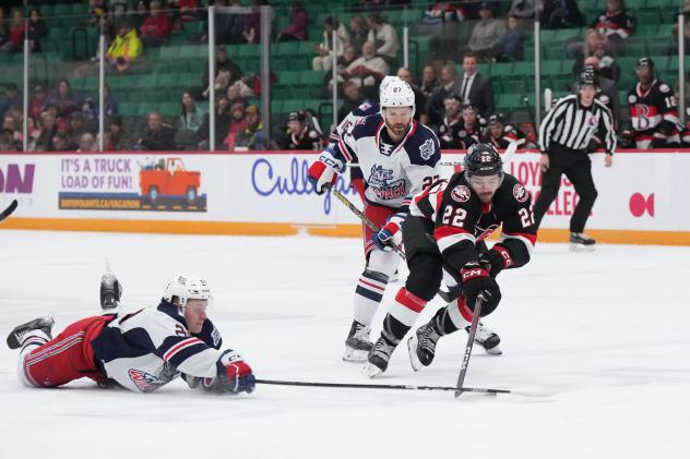 Belleville Senators right wing Garrett Pilon reaches for the puck against the Hartford Wolf Pack