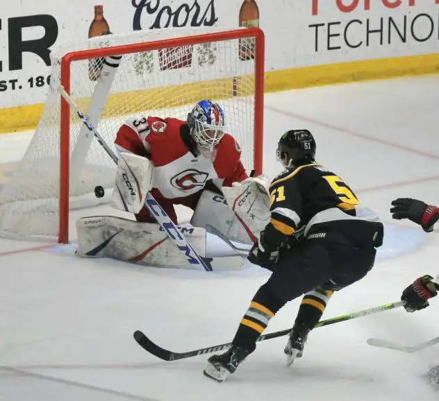 Wheeling Nailers forward Jordan Martel scores against the Cincinnati Cyclones