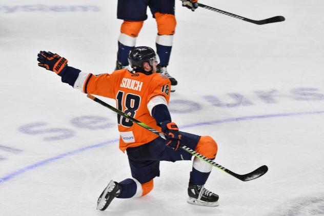 Carter Souch of the Greenville Swamp Rabbits reacts after his game-winning goal