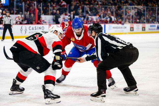 Belleville Senators' Donovan Sebrango versus Laval Rocket's Philippe Maillet