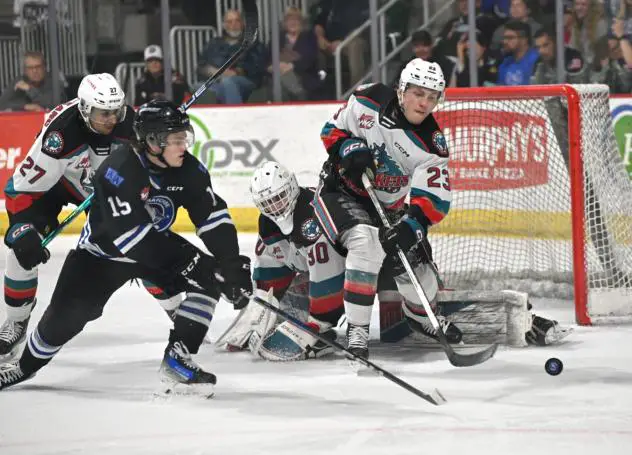 Wenatchee Wild's Briley Wood versus Kelowna Rockets' Ethan Mittelsteadt