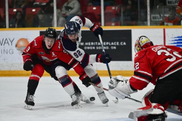 Saginaw Spirit right wing Nic Sima looks for a shot against the Owen Sound Attack