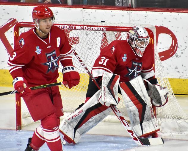 Allen Americans defenseman Ryan Gagnon and goaltender Mark Sinclair