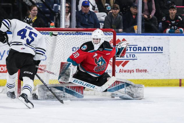 Kelowna Rockets goaltender Jari Kykkanen mans the pipes