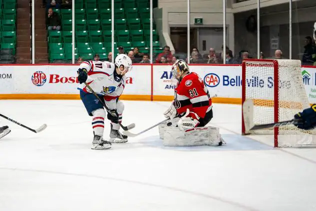 Springfield Thunderbirds' Hugh McGing versus Belleville Senators' Kevin Mandolese