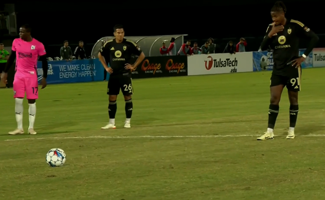 Tulsa FC's Edwin Laszo and Phoenix Rising FC's FRenzo Zambrano and Remi Cabral on the field