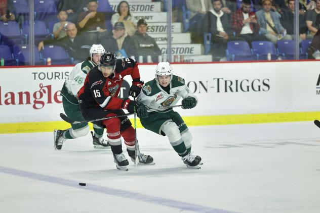 Vancouver Giants' Jaden Lipinski versus Everett Silvertips' Caden Brown and Austin Roest
