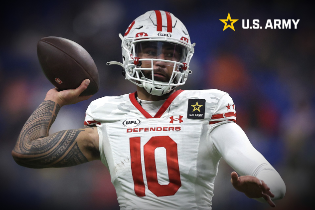 D.C. Defenders quarterback Jordan Ta'amu sports the U.S. Army patch on his jersey