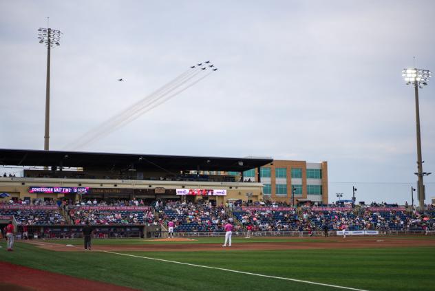 The Blue Angels fly over Blue Wahoos Stadium