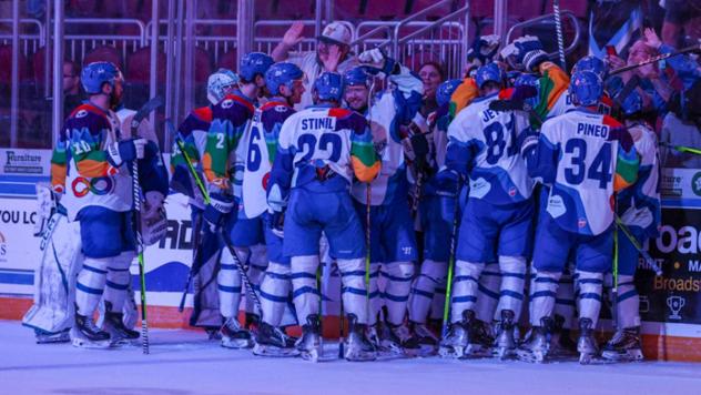 Wichita Thunder gather after an overtime victory
