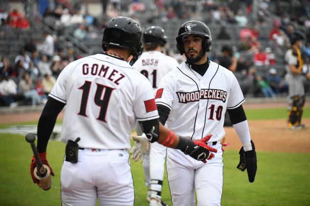 Fayetteville Woodpeckers' Kenni Gomez congratulates Alejandro Nunez