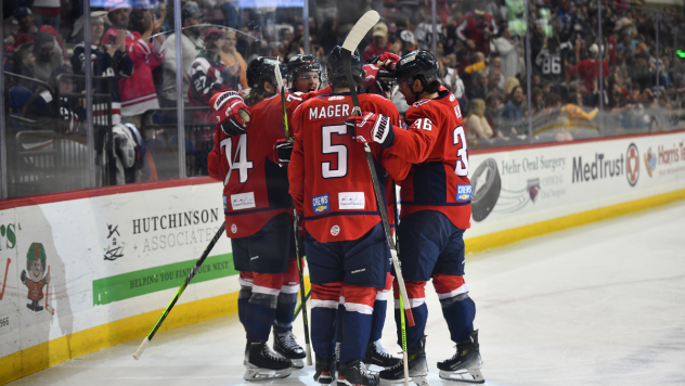 South Carolina Stingrays forward Austin Magera huddles with his team