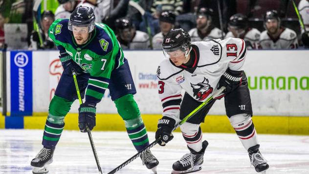 Adirondack Thunder forward Alex Young (right) vs. the Maine Mariners