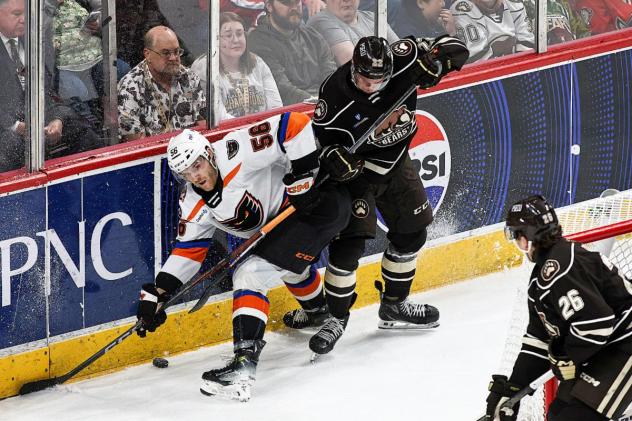 Lehigh Valley Phantoms' Jacob Gaucher battles Hershey Bears' Chase Priskie