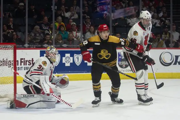 Grand Rapids Griffins' Michal Teply and Rockford IceHogs' Cam Gray and Louis Crevier on game night