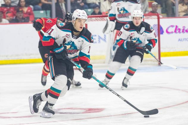 Kelowna Rockets' Tij Iginla and Marek Rocak on game night