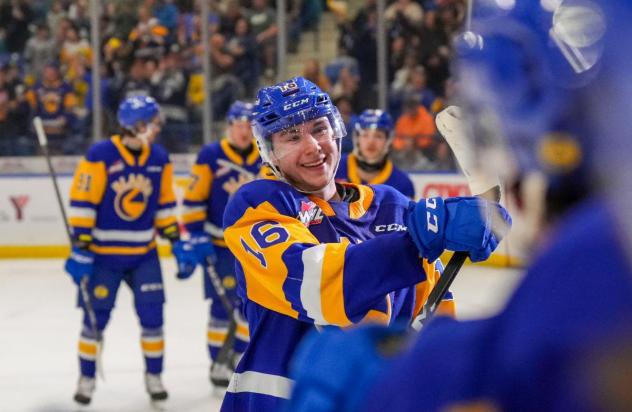 Saskatoon Blades' Fraser Minten celebrates win