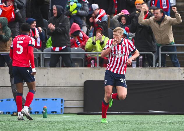 Kris Twardek of Atlético Ottawa reacts after his goal against York United FC