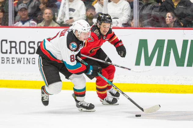 Kelowna Rockets' Marek Rocak versus Prince George Cougars ' Riley Heidt
