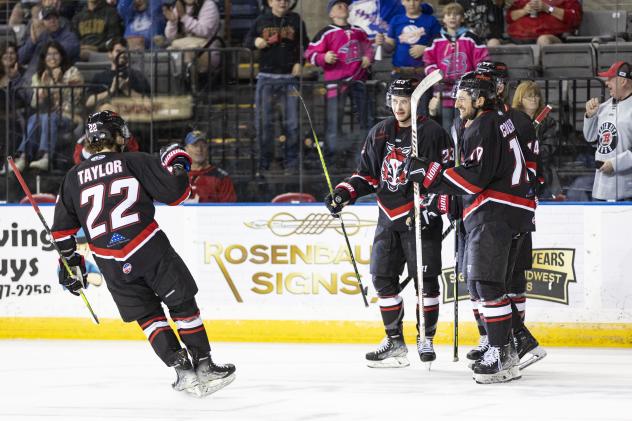 Rapid City Rush's Zach Taylor, Brett Gravelle, and Maurizio Colella on game night