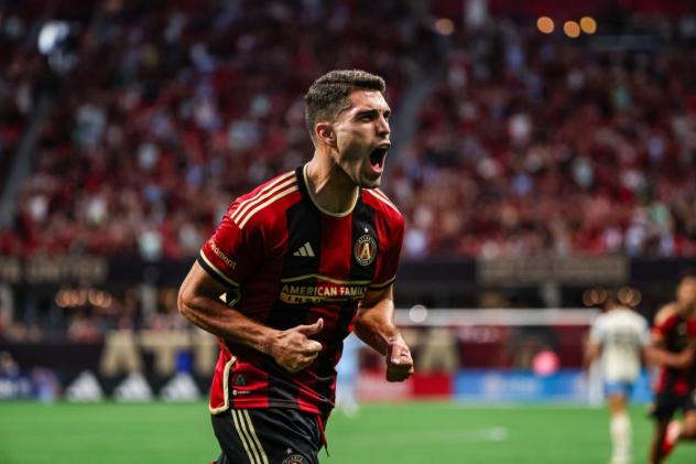 Daniel Ríos of Atlanta United reacts after his goal