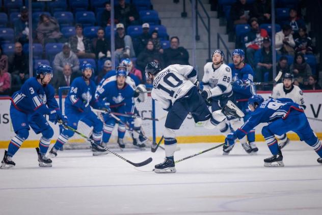 Worcester Railers defenseman Trevor Cosgrove gets a stick on the puck vs. the Trois-Rivières Lions