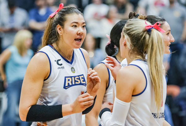 Grand Rapids Rise outside hitters Erika Pritchard (left) and Claire Chaussee