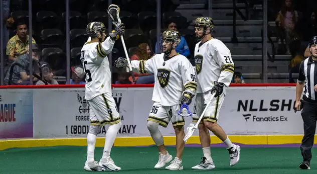 Vancouver Warriors' Keegan Bal, Ryan Martel, and Kevin Crowley on game night