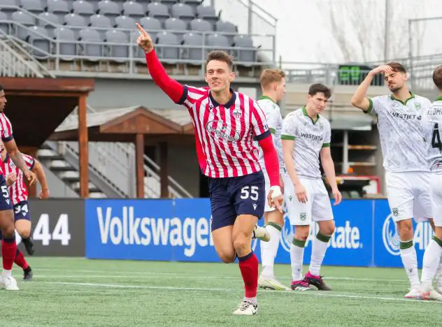 Atlético Ottawa defender Amer Didić after his goal against Cavalry FC