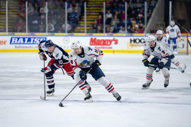 Hartford Wolf Pack's Matej Pekar versus Springfield Thunderbirds' Mathias Laferriere